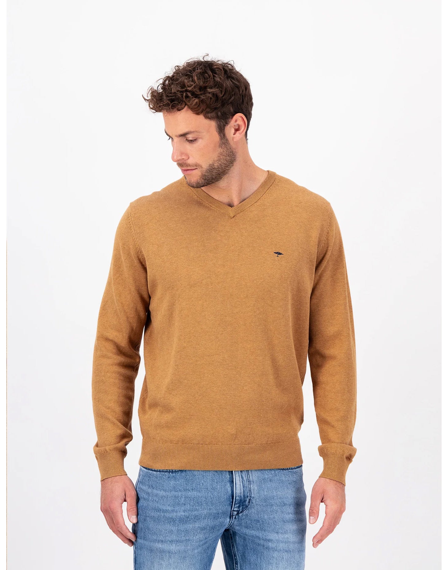 SOFT COTTON SWEATER WITH A V NECK Camel Blooms Menswear