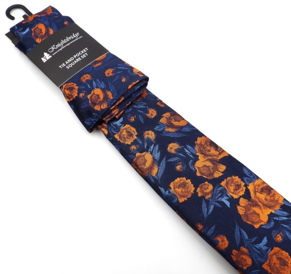 Tie & Hankie Set -Navy & Orange Floral KX1320BLK-5