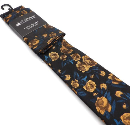 Tie & Hankie Set - Black & Gold Floral KX1320BLK-3