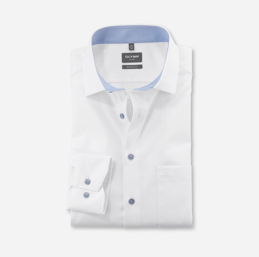 Olymp Luxor Modern Fit - White Twill Light Blue Buttons