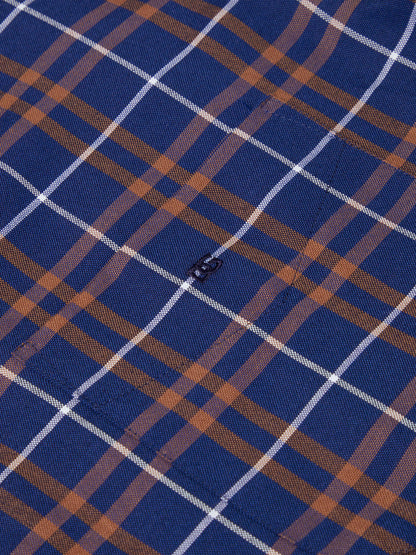 Cotton-Rich Button-Down Long-Sleeve Shirt - Navy & Burnt Orange Check