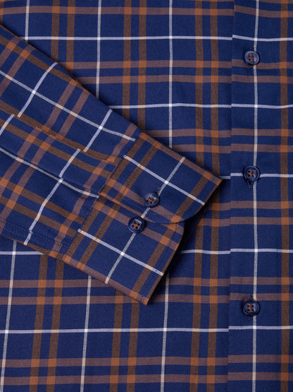 Cotton-Rich Button-Down Long-Sleeve Shirt - Navy & Burnt Orange Check