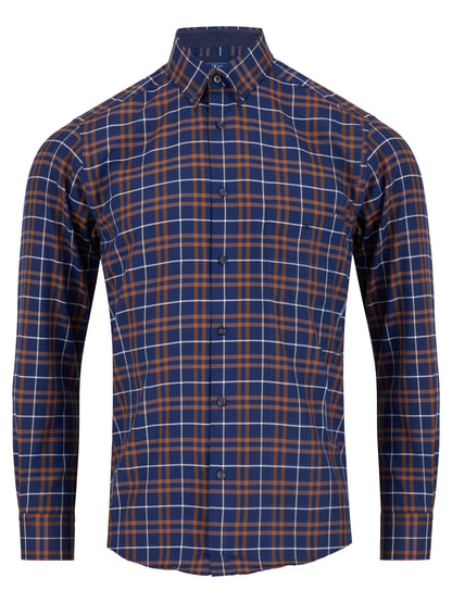 Cotton-Rich Button-Down Long-Sleeve Shirt - Navy & Burnt Orange Check