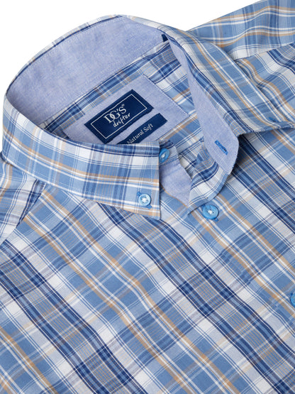 Pure Cotton Button-Down Long-Sleeve Shirt - Blue Check