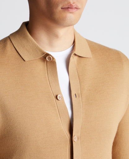 Long Sleeve Buttoned Polo Cardigan - Camel