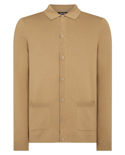 Long Sleeve Buttoned Polo Cardigan - Camel