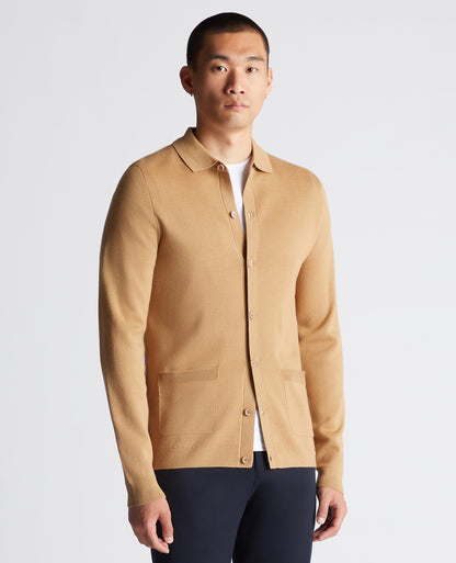 Long Sleeve Buttoned Polo Cardigan - Camel