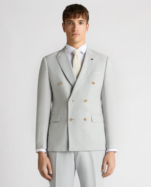 Double Breasted Slim Fit Linen-Blend Suit Jacket - Light Blue