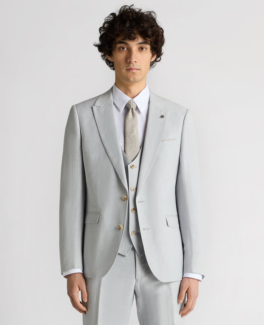 Slim Fit Linen-Blend Suit Jacket - Light Blue