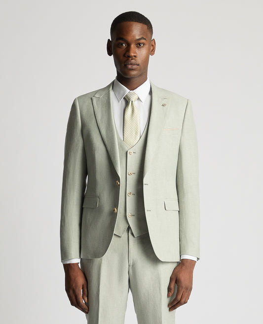 Slim Fit Linen-Blend Suit Jacket - Light Green