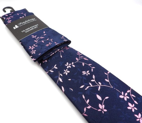 Tie & Hankie Set - Navy Pink Floral BL90040A-5