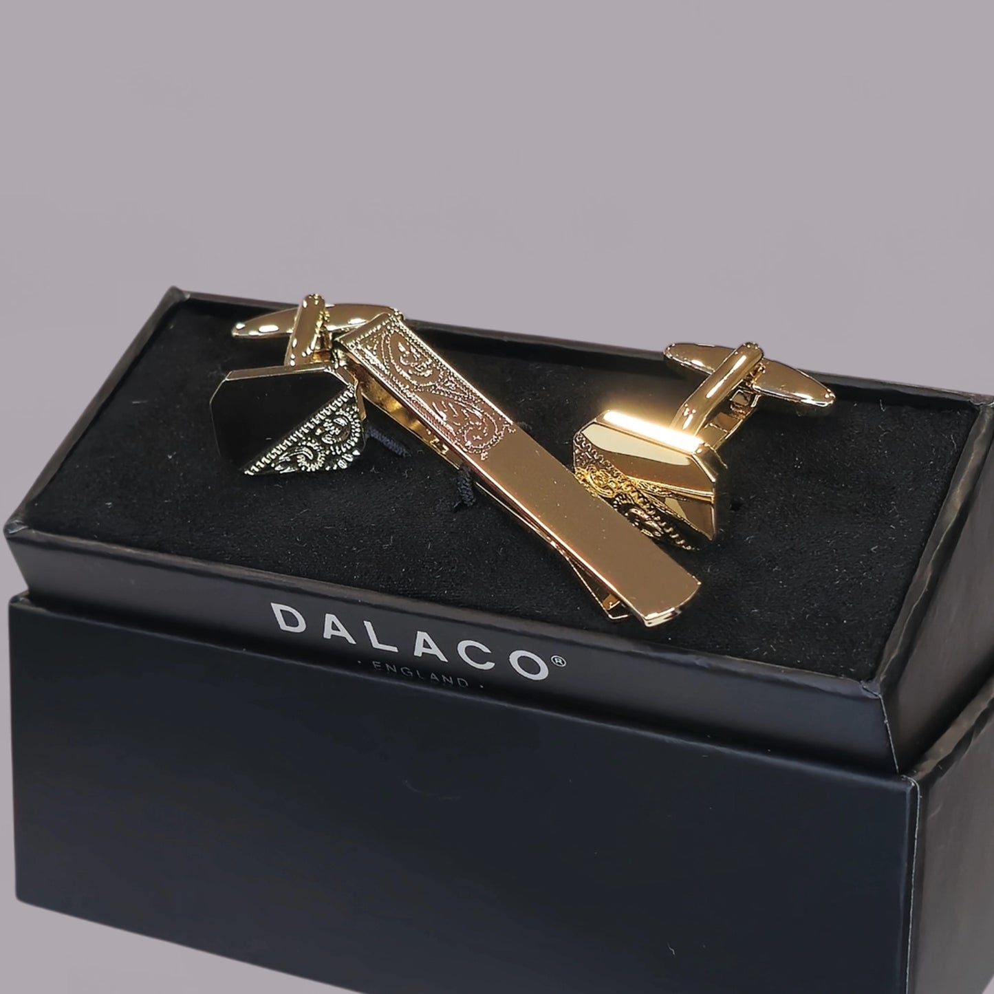 Fancy Engraved Gold Plate Cufflinks and Tie Bar Set