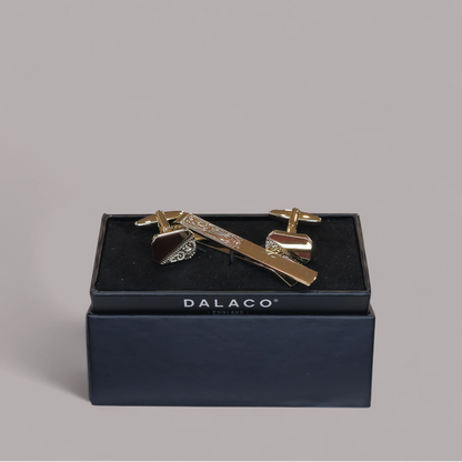 Fancy Engraved Gold Plate Cufflinks and Tie Bar Set