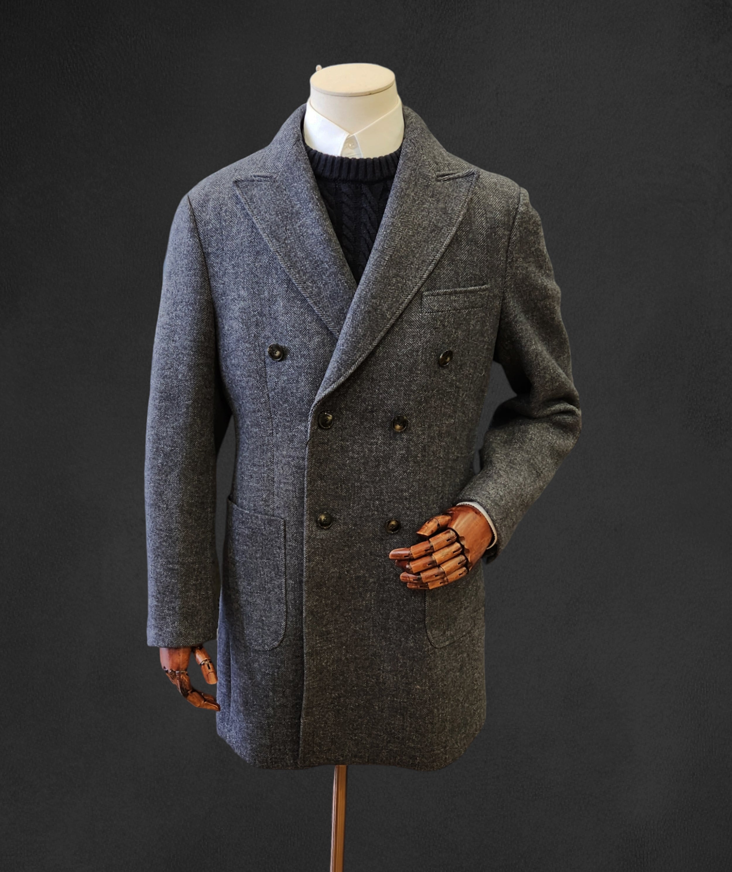 Herringbone Double Breasted Overcoat Grey Blooms Menswear