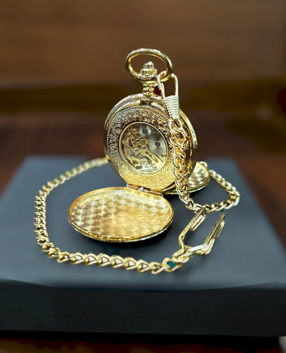 Gold Patterned Half Hunter Mechanical Pocket Watch