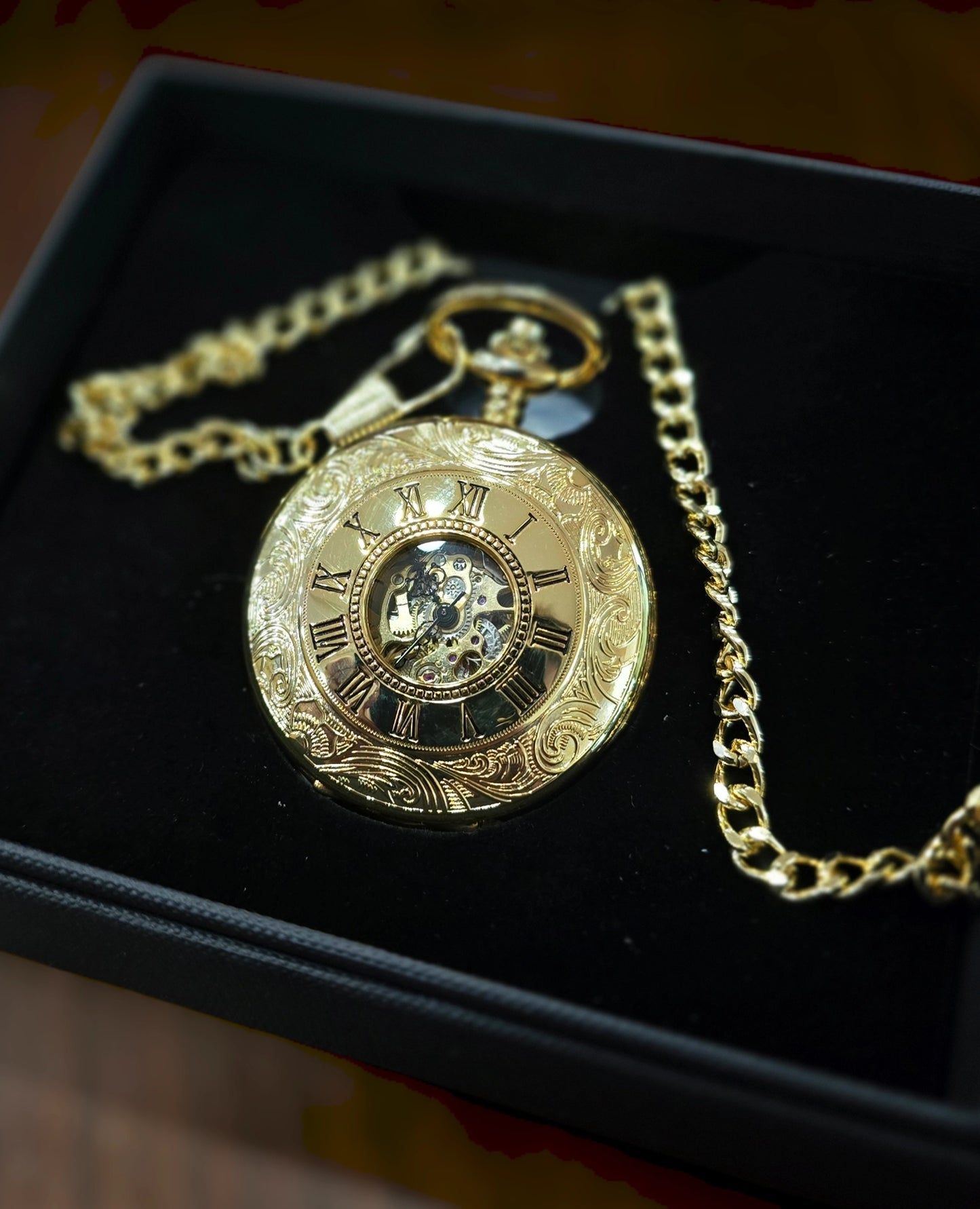 Gold Patterned Half Hunter Mechanical Pocket Watch