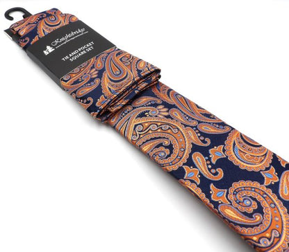 Tie & Hankie Set - Navy & Orange Paisley KM6661BLA-5