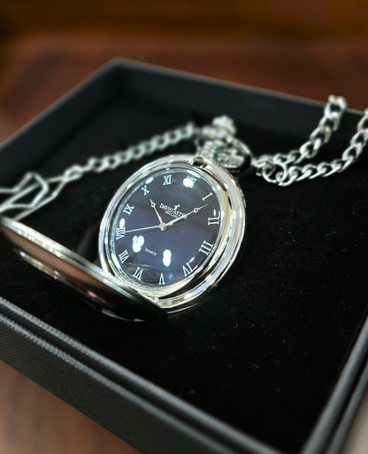 Silver & Black Quartz Half Hunter Pocket Watch