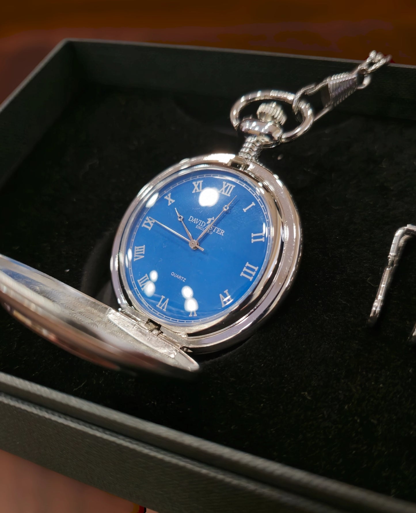 Silver & Blue Quartz Half Hunter Pocket Watch