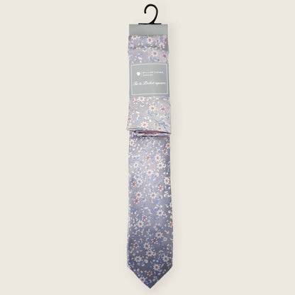 Tie and Hankie Set - Floral Silver and Blue I081990