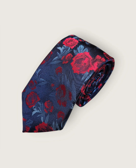 Tie & Hankie Set - Navy & Red Floral KX1320BLK-12