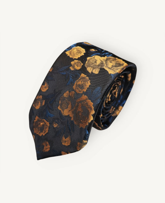 Tie & Hankie Set - Black & Gold Floral KX1320BLK-3