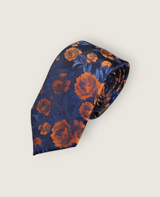 Tie & Hankie Set -Navy & Orange Floral KX1320BLK-5