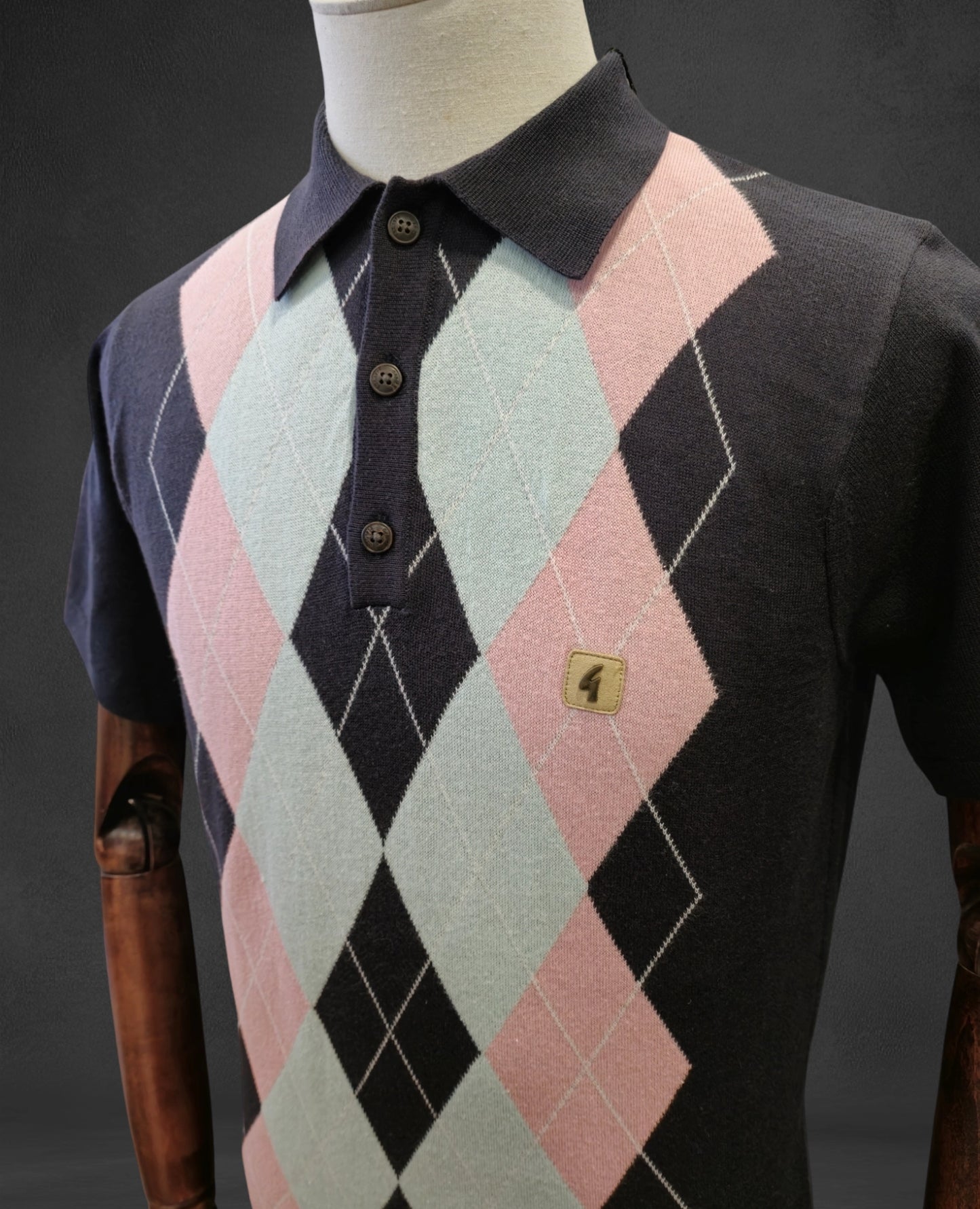 Gabicci Vintage - Short Sleeve Knitted Polo - Navy Argyle