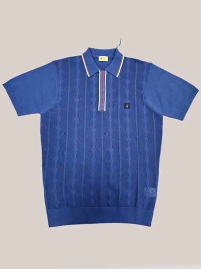 Gabicci Vintage - Short Sleeve Knitted Polo -Blue Textured Pattern