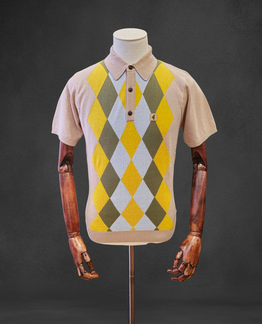 Gabicci Vintage - Short Sleeve Knitted Polo - Granola Argyle