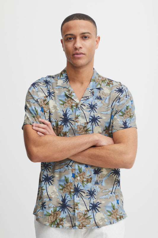 Palm Print Camp Collar Short Sleeve Shirt - Blue