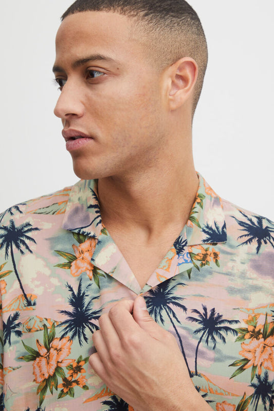 Palm Print Camp Collar Short Sleeve Shirt - Pink