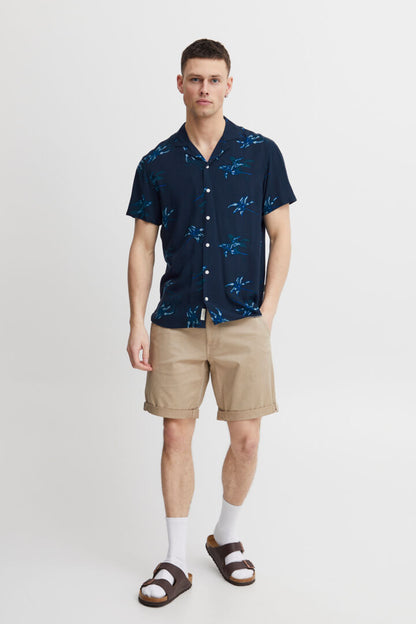 Palm Print Camp Collar Short Sleeve Shirt - Navy