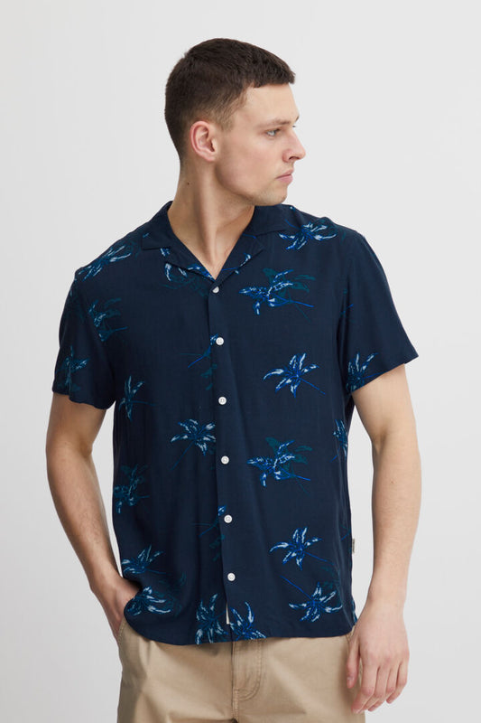 Palm Print Camp Collar Short Sleeve Shirt - Navy