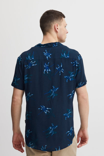 Palm Print Camp Collar Short Sleeve Shirt - Navy