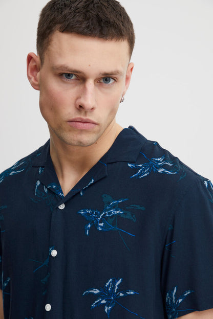 Palm Print Camp Collar Short Sleeve Shirt - Navy