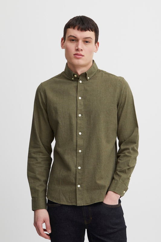 Pure-Cotton Long Sleeve Shirt - Green Melange